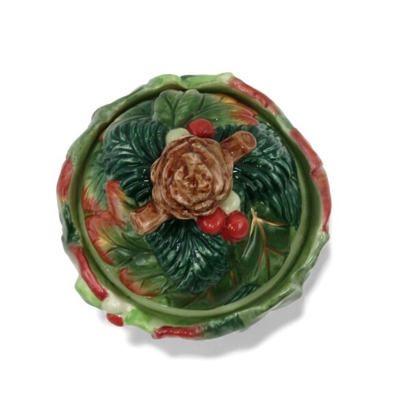 FITZ and FLOYD Classics Christmas Lodge Sugar Bowl Pinecone and Leaf Design - Picture 4 of 10